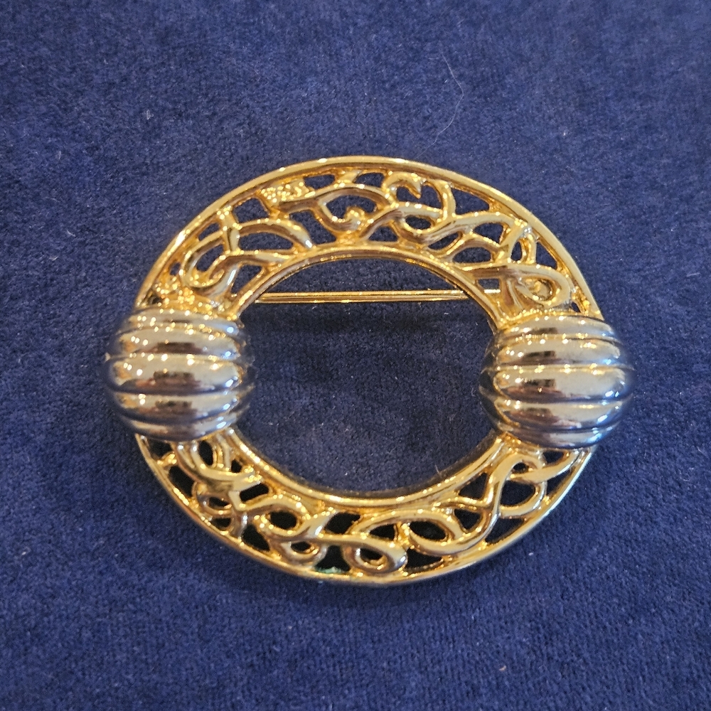 Gold-Tone Filigree Round Brooch with Silver Accents
